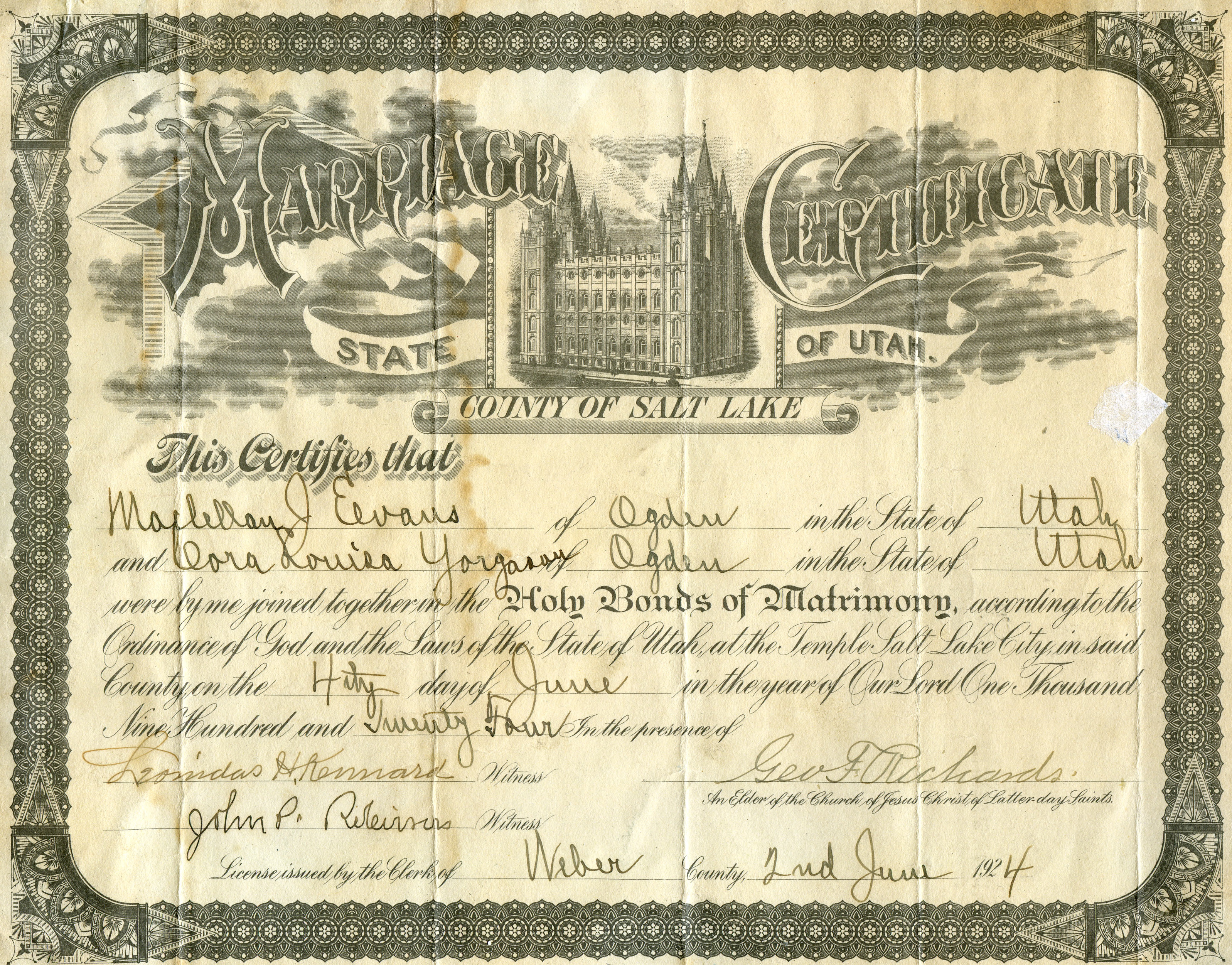 Cora's Marriage Certificate